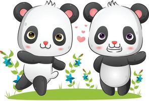 la coppia di panda corre e gioca insieme nel parco vettore
