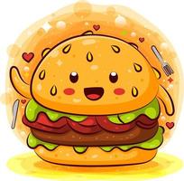 simpatico personaggio dei cartoni animati kawaii hamburger gustoso vettore