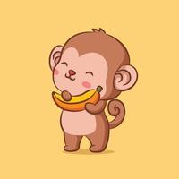 la scimmietta è in piedi e tiene in mano la piccola banana vettore