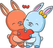due piccoli conigli blu e rossi stanno tenendo e condividono il loro cuore insieme all'amore rosso vettore