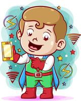 il ragazzo dei supereroi che tiene e carica il telefono con il suo super potere magico vettore