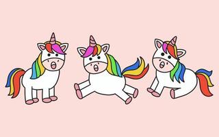 set di unicorno colorato carino cavallo magico scarabocchio cartone animato animale domestico personaggio felice collezione illustrazione vettore