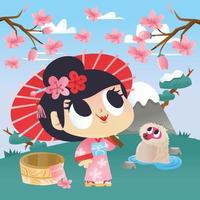 super cute cartoon kimono giapponese ragazza a hot spring onsen vettore