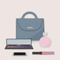 borsa, profumo, cosmetici e cellulare. il contenuto di una borsa da donna. tavolo da trucco. concetto di blogger di bellezza, moda e design glamour.vector per social media, ecc. vettore