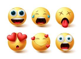 emoji nell'insieme di vettore del fronte di amore. emoticon felice, innamorato e stupisce le espressioni facciali isolate in uno sfondo bianco per elementi di design grafico. illustrazione vettoriale