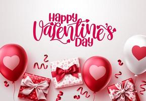 felice giorno di San Valentino sfondo vettoriale. testo di auguri di san valentino con palloncini a cuore, regali ed elementi di coriandoli su sfondo bianco. illustrazione vettoriale. vettore