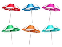insieme di vettore dell'ombrello di spiaggia di estate. ombrellone collezione 3d isolato in uno sfondo bianco per la protezione solare calda all'aperto. illustrazione vettoriale.