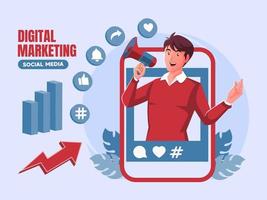 concetto di social media di marketing digitale con l'uomo che tiene il megafono vettore