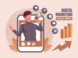 concetto di social media di marketing digitale con l'uomo che tiene il megafono vettore