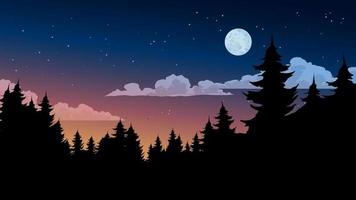 bellissimo orizzonte notturno della foresta. sagoma di pino e chiaro di luna vettore