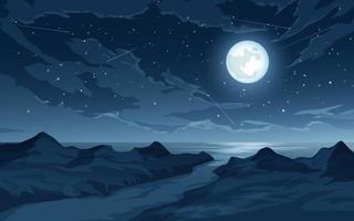 illustrazione notturna con luna piena, stelle, stelle cadenti, nuvole, mare e fiume vettore