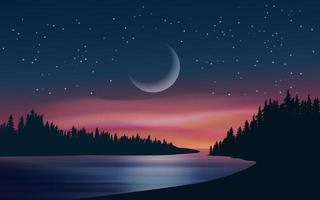 drammatico paesaggio notturno con falce di luna, lago e pini vettore