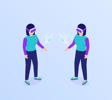 vr concetto di vetro per realtà virtuale con uso femminile per accedere alle informazioni sui dati con uno stile piatto isometrico vettore