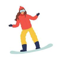 salto dello snowboarder del fumetto di vettore. giovane donna o ragazza sullo snowboard. inverno piatto. illustrazione vettoriale piatto in stile cartone animato. sport.