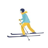 giovane che guida sugli sci mascherati, inverno. illustrazione vettoriale piatta in stile cartone animato