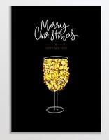 carta glitter oro con un bicchiere di champagne o spumante. scritte buon natale e felice anno nuovo. sfondo, biglietto di auguri o aziendale, poster, copertina per le vacanze. illustrazione vettoriale
