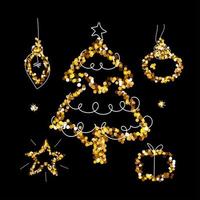 set glitter oro natalizio, confezione regalo, lampadina, albero, stella, palla. elementi di festa di buon natale e capodanno per una carta, poster, sito Web, banner. illustrazione vettoriale scintillante