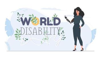 giornata mondiale della disabilità. giornata internazionale delle persone con disabilità. ragazza con una mano protesica. mano protesica in metallo futuristico. vettore. vettore