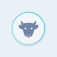 icona del bestiame, segno dell'allevamento di bestiame, vista frontale della testa di mucca, icona rotonda del ranch di bestiame, illustrazione vettoriale