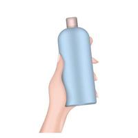 la mano tiene una bottiglia di plastica. mano femminile realistica con una bottiglia. buono per shampoo o gel doccia. isolato. vettore. vettore