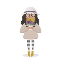 una ragazza carina con cappello e occhiali tiene dei fiori tra le mani. adatto per la progettazione di cartoline e libri. isolato. illustrazione vettoriale. vettore