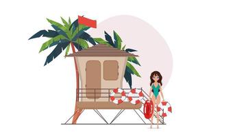 una donna vicino a un salvagente. ragazza del bagnino della spiaggia in costume da bagno. per striscioni. isolato. illustrazione vettoriale