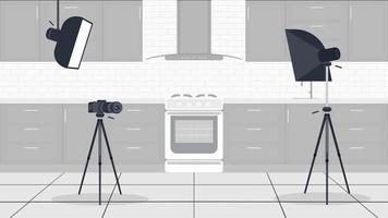 studio per vlog di cucina. cucina elegante in uno stile piatto. mobili da cucina, fornelli, forno, videocamera, softbox. sfondo per cucinare vlog. vettore.