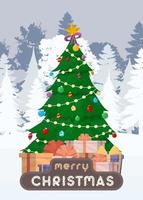 cartolina di buon natale con un elegante albero di natale e una montagna di regali sullo sfondo di un bosco innevato. cartolina pronta per l'inverno. illustrazione vettoriale. vettore