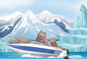 paesaggio antartico con foche in motoscafo vettore