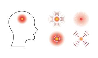 concetto di mal di testa con vari segni di dolore. insieme di punti del cerchio rosso. profilo della testa umana. vettore