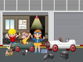 bambini che riparano un'auto insieme in garage vettore