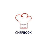 modello di progettazione del logo del libro dello chef. icona del cappello da chef e emblema del libro per corsi di cucina, lezioni e scuole di cucina illustrazione vettoriale. istruzione, azienda, negozio di alimentari e concetto di apprendimento. vettore