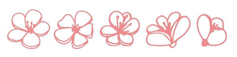 set di vettore sagome di cinque fiori di magnolia rosa disegnati a mano isolati su sfondo bianco. illustrazione vettoriale. fiori primavera doodle, illustrazioni