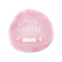 vettore - acquerello di buona Pasqua. uovo, coniglio e foglie su sfondo rosa rotondo. disegno artistico. può essere utilizzato per etichetta, adesivo, web, carta o banner. stagione delle vacanze.