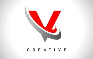 lettera v logo. v vettore di design lettera con vettore swash rosso grigio