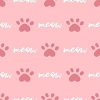 modello senza cuciture gatto rosa e bianco. Meow e zampe di gatto sfondo illustrazione vettoriale. simpatico personaggio pastello dei cartoni animati per bambina della scuola materna vettore