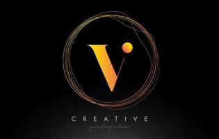 design del logo con lettera v artistica in oro con cornice circolare creativa attorno ad esso vettore