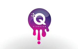 q lettera splash logo. disegno di lettere con punti e bolle viola vettore