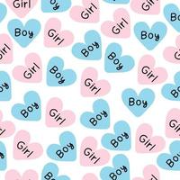 il genere delle lettere nere del ragazzo o della ragazza rivela il motivo senza cuciture rosa e blu a forma di cuore vettore
