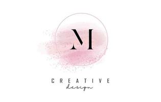 lettera m logo design con cornice rotonda scintillante e sfondo acquerello rosa. vettore