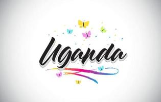 testo di parola vettoriale scritto a mano dell'uganda con farfalle e swoosh colorato.