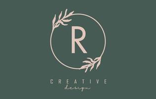 logo della lettera r con cornice circolare e design di foglie pastello. illustrazione vettoriale arrotondata con lettera r e foglia pastello.