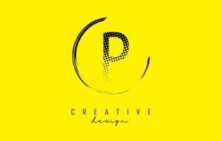 p lettera logo design con quadrati neri e cornice circolare su sfondo giallo brillante. vettore