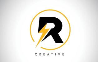 r lettera logo design con fulmine di illuminazione. logo della lettera del bullone elettrico vettore