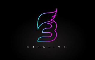 neon b lettera logo icona design con ala creativa nei colori blu viola magenta vettore