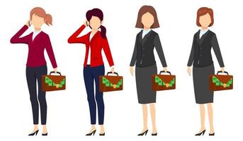 donna d'affari faccia meno set di caratteri squadra in piedi insieme e posa isolata tenendo la borsa con soldi vettore