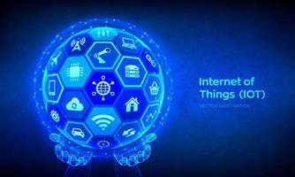 iot. internet delle cose concetto. tutto connettività dispositivo concetto di rete e business con internet. sfera o globo 3d astratta con superficie di esagoni nelle mani wireframe. illustrazione vettoriale