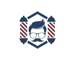 forma esagonale con faccia da geek e simbolo del negozio di barbiere vettore