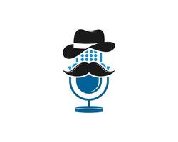 microfono podcast con cappello e baffi da uomo gentile vettore