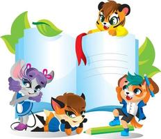 simpatici animali intorno a un quaderno aperto con pagine bianche: cane, topo, volpe, tigre. scuola elementare, scuola materna. illustrazione per bambini vettore